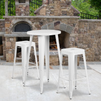 Flash Furniture CH-51080BH-2-30SQST-WH-GG 24" Round Bar Table Set with 2 Square Seat Backless Barstools in White